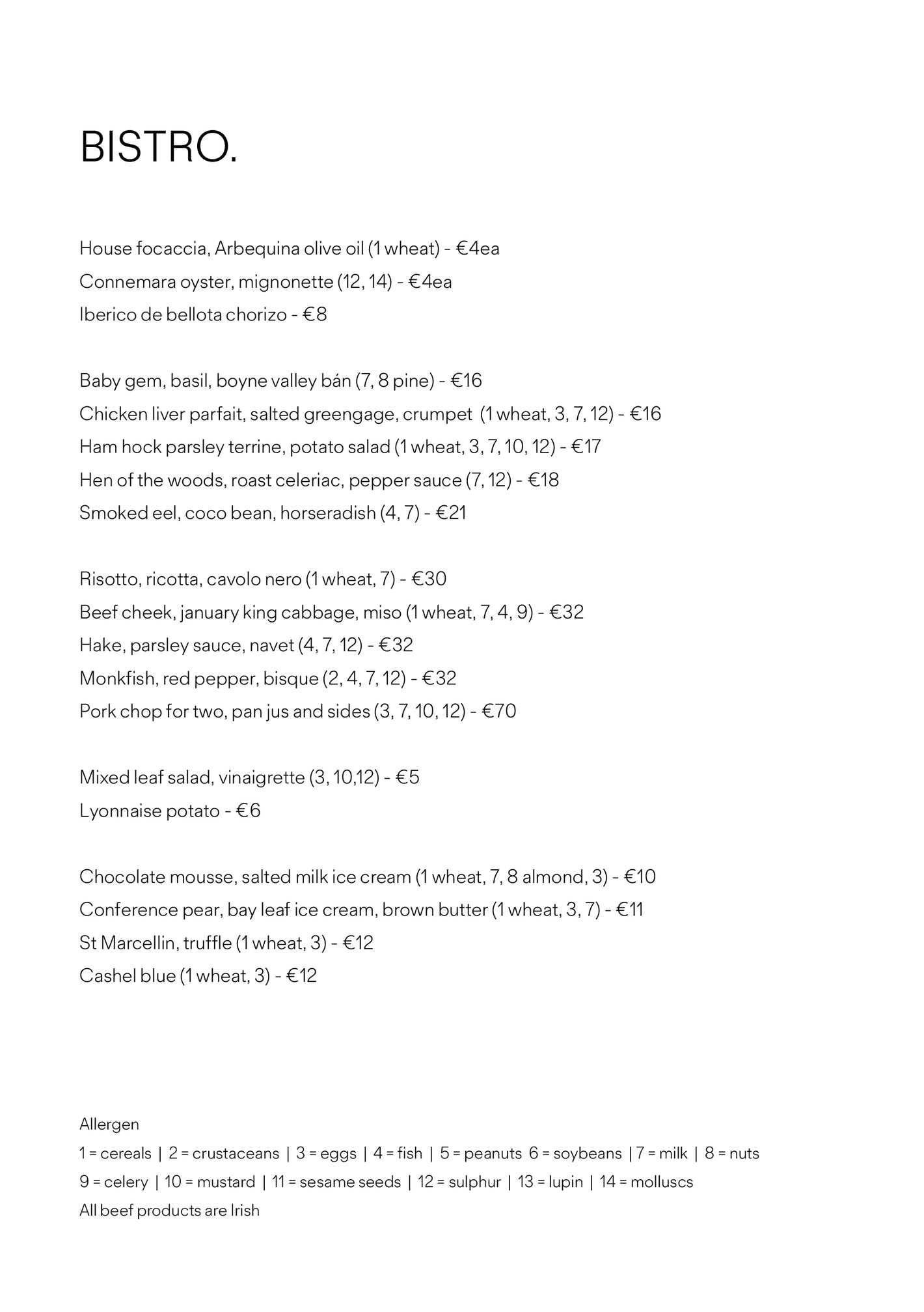 Menus Note Dublin